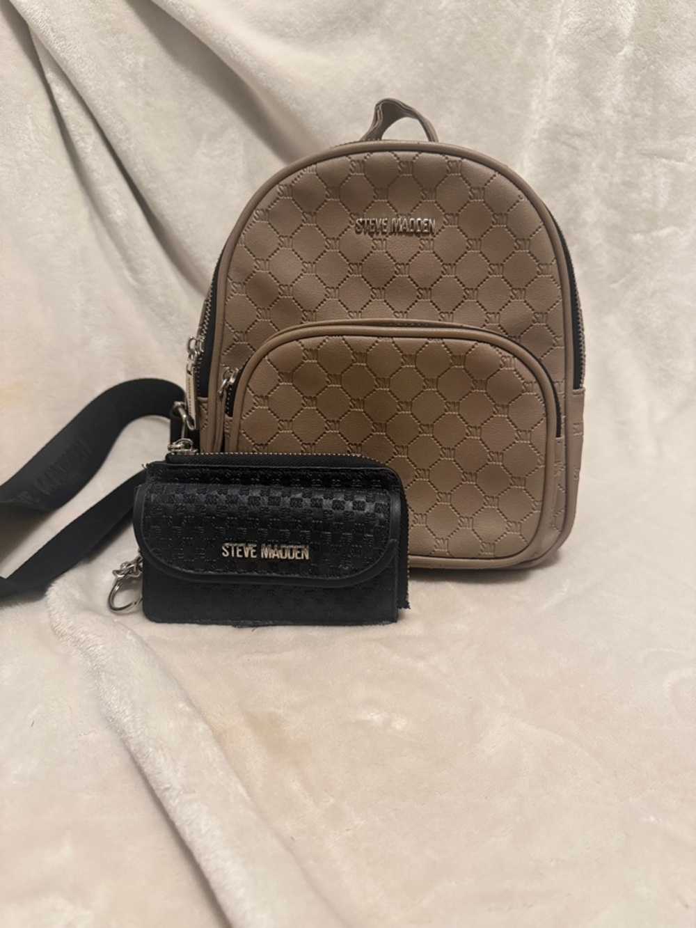 Steve Madden Mini Backpack + Matching Wallet Set Taupe Black Crossbody Bag